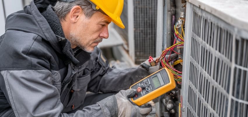 An AC technician at work.