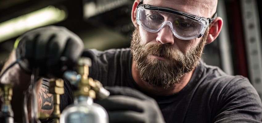 A professional HVAC contractor inspects AC refrigerant.