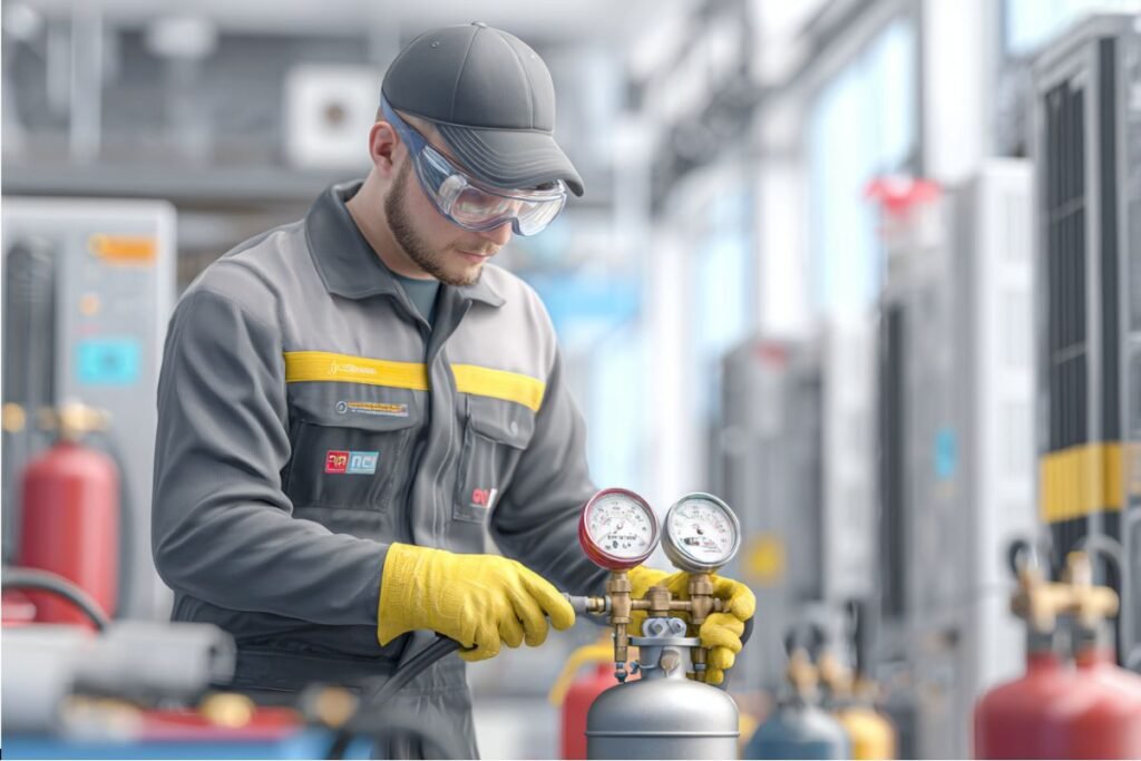 An AC technician handles refrigerant.