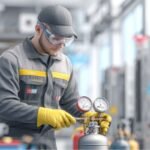 An AC technician handles refrigerant.