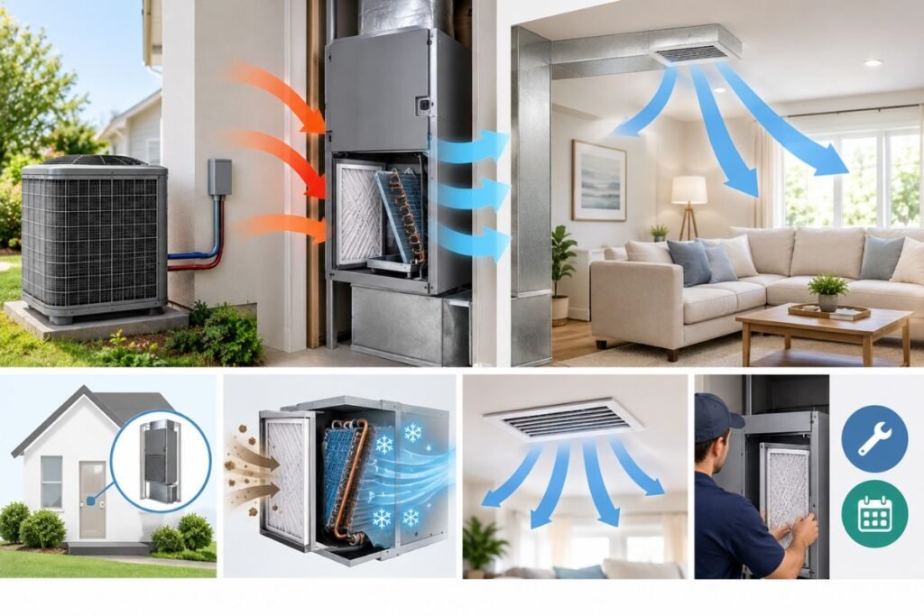 Diagram showing how an ac air handler works with the outdoor unit and indoor airflow.