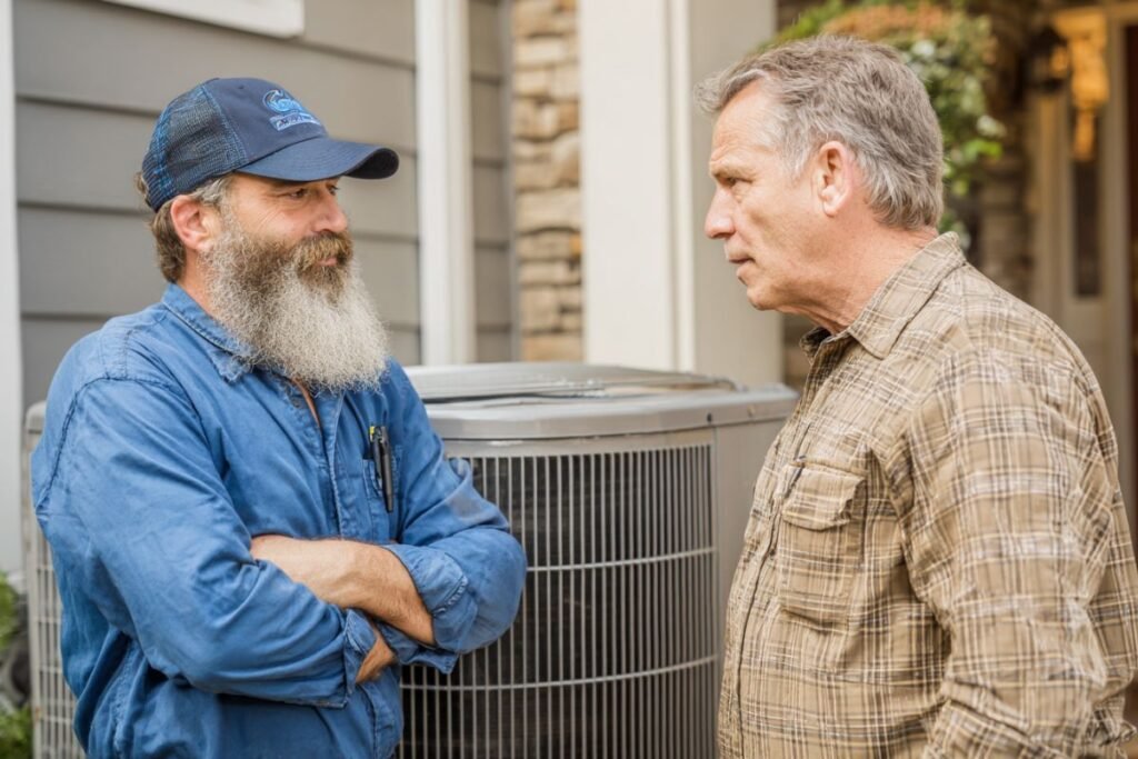 Technician and homeowner discussing the outdoor unit while considering ac replacement cost.