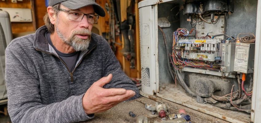 HVAC technician reviewing details with a homeowner to estimate ac replacement cost.