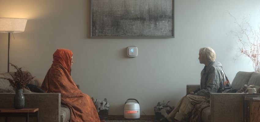 Homeowners managing indoor warmth while considering the best temperature for heater in winter.