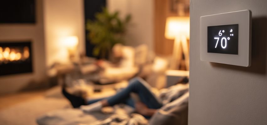 Thermostat displaying 70°F in a cozy room, reflecting the best temperature for heater in winter.