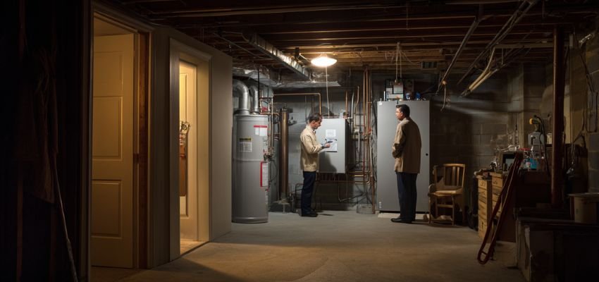 Service professional inspecting equipment in a basement for needed furnace repairs.