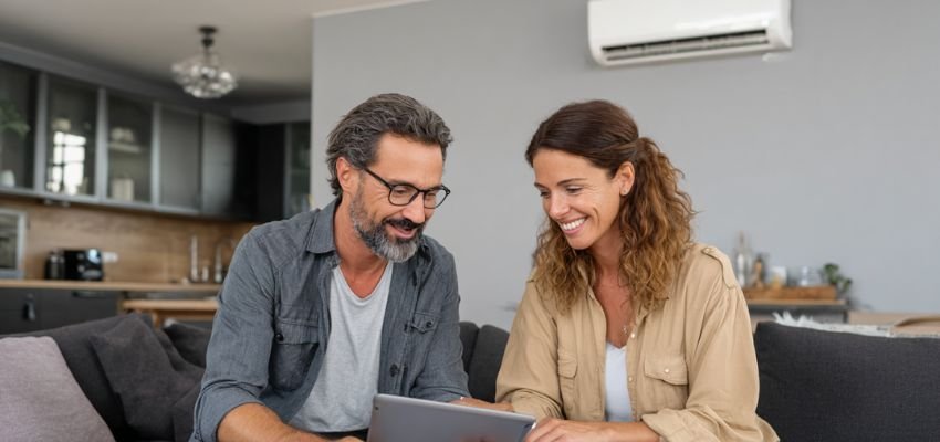 Couple researching options at home while evaluating new ac unit cost.