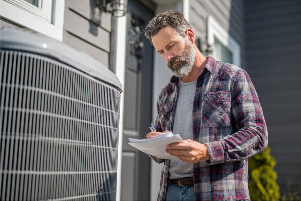 Homeowner reviewing details beside an outdoor unit to determine new ac unit cost.